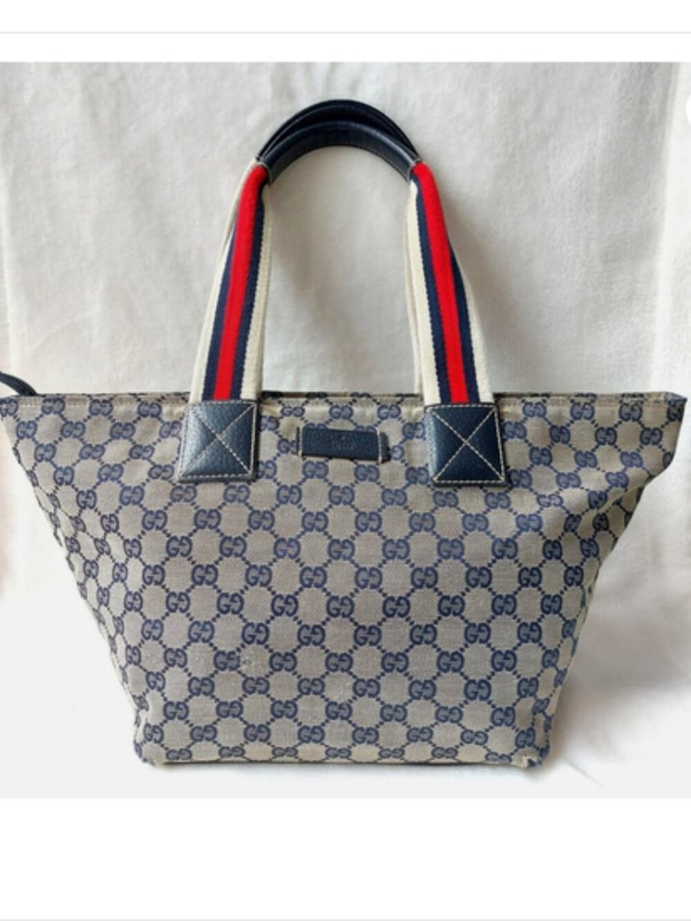 Vintage Gucci Y2K Sherry Line Navy Canvas Monogram Leather Web Stripe Tote Bag